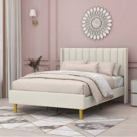 Full size Mid-Century Platform Bed Frame with Cream Velvet Upholstered Headboard