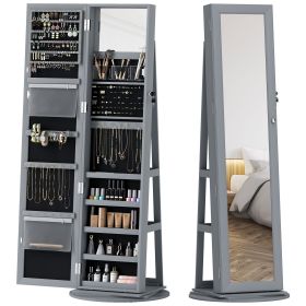 360° Swivel Jewelry Armoire, Lockable Jewelry Cabinet with Full-Length Mirror, Storage Shelves, Gray