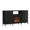 Black Embossed Fireplace TV Stand with 18 Inch Insert & 6 Fabric Drawers, RGB Lights, Industrial Iron-Wood Design Media Console, 58 x 11.8 x 31.3 Inch