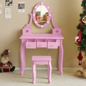 FCH Kids Vanity Set with Mirror and Lights and Stool, 5 Storage Drawers
