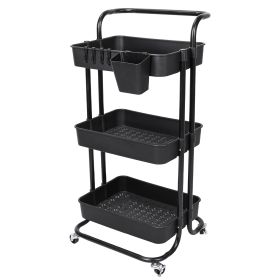 3 Tier Rolling Utility Cart Movable Storage Organizer with Mesh Baskets Lockable Wheels 360 Degree Rotatable Hanging Box Hooks Bedroom Bathroom Kitche (Option: 3Tier_Blackg)