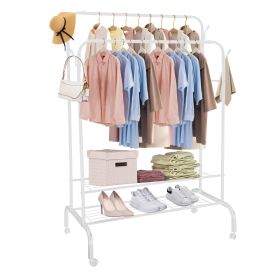 Garment Hanging Rack Clothing Hanging Rail Pillow Shoe Display Organizer Clothes Organizer Stand with 2 Rails 2 Shelves 4 Rolling Wheels 4 Hooks (Option: Whitge)