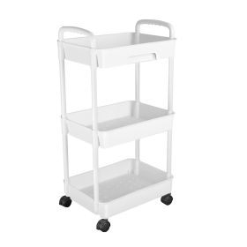 3 Tier Rolling Utility Cart Movable Storage Organizer with Drawer Lockable Wheels 360 Degree Rotatable Hallow Design for Bedroom Bathroom Kitchen (Option: White_3gTier)