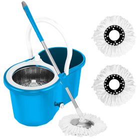 360pin Mop Stainless Steel Spin Mop Wringer Bucket Set Wet Dry Floor Mop Bucket w/ Easy Press Handle 2 Microfiber Mop Heads for Home Kitchen Floor (Option: BLgU)